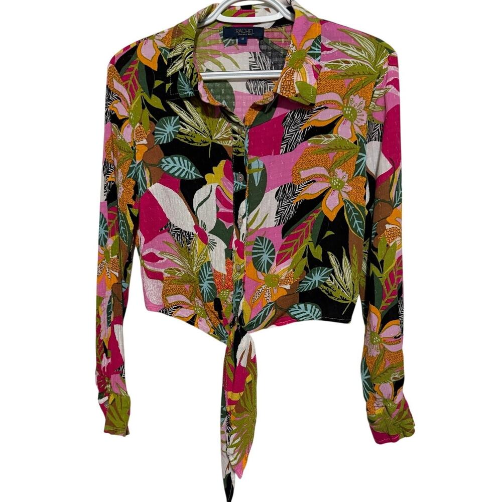 RACHEL Rachel Roy Women's Tropical Floral & Leaf Cropped Tie Hem Blouse Size M